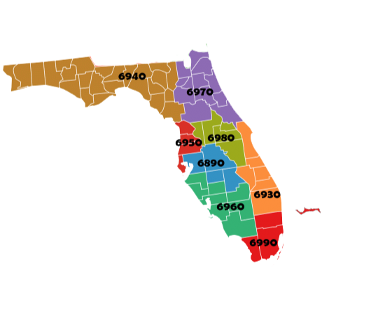 Map of Florida showing the eight Rotary district zones: 6940 Panhandle, 6970 Northeast, 6950 West Coast Tampa Bay, 6980 Central, 6890 West Central, 6960 Southwest, 6930 South, and 6990 Southeast Florida and Grand Bahama.